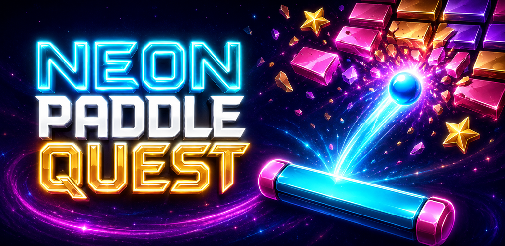 Neon Paddle Quest key art: a glowing ball breaking colorful pink, gold and violet bricks above a cyan neon paddle
