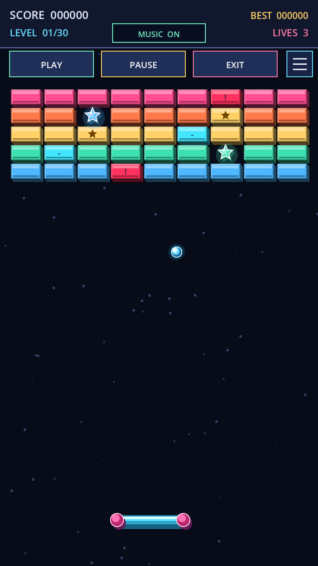 Neon Paddle Quest gameplay at level 1: five colorful rows of bricks and bonus stars
