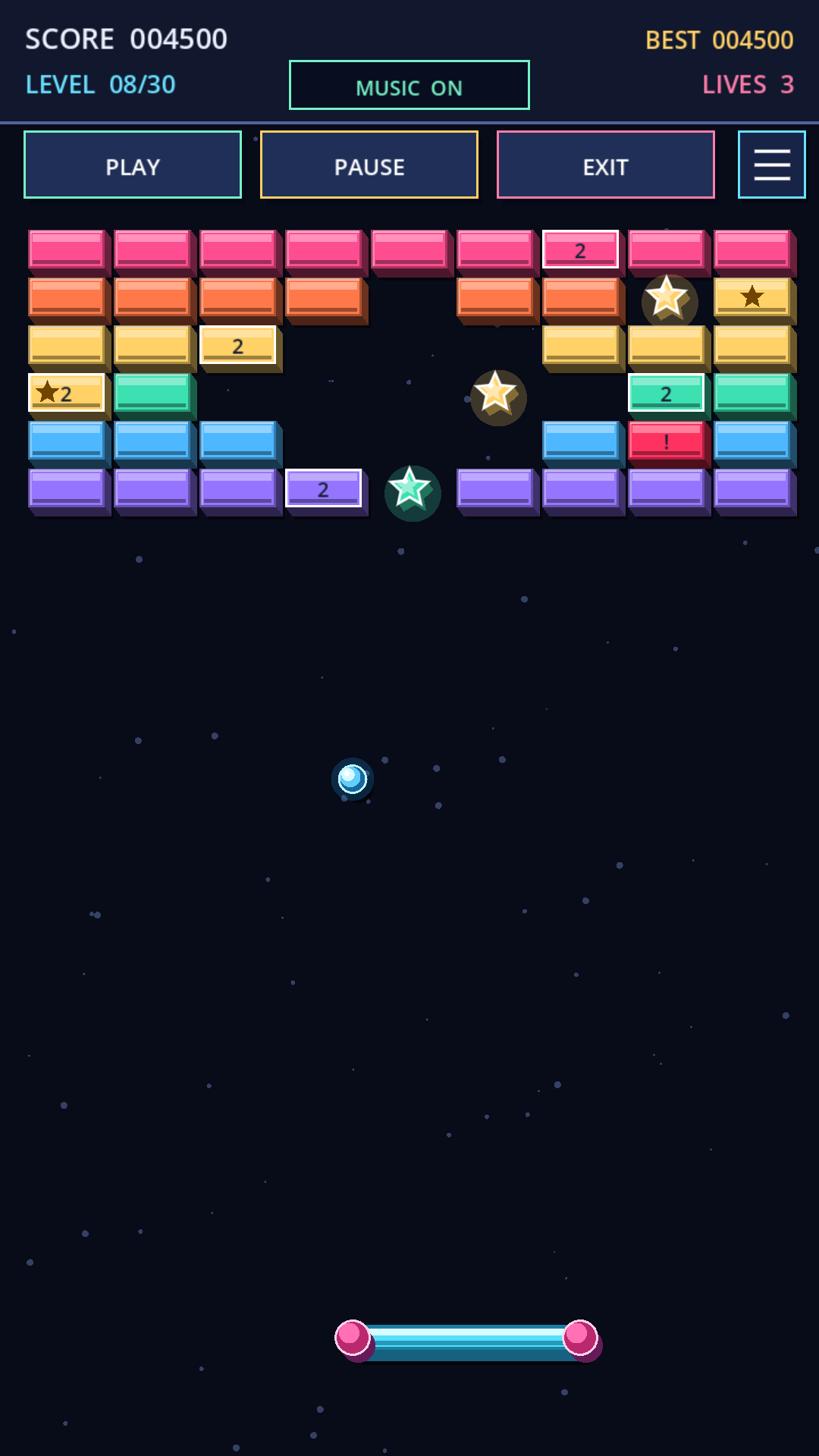 Neon Paddle Quest gameplay at level 8: gaps in the brick pattern, armored blocks and a wider paddle