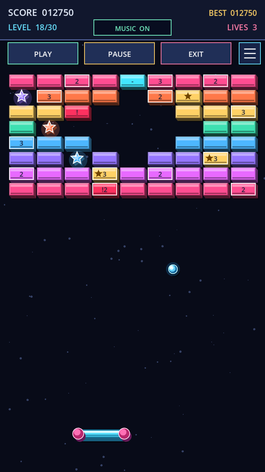 Neon Paddle Quest gameplay at level 18: multiple rows of armored bricks and a narrow paddle