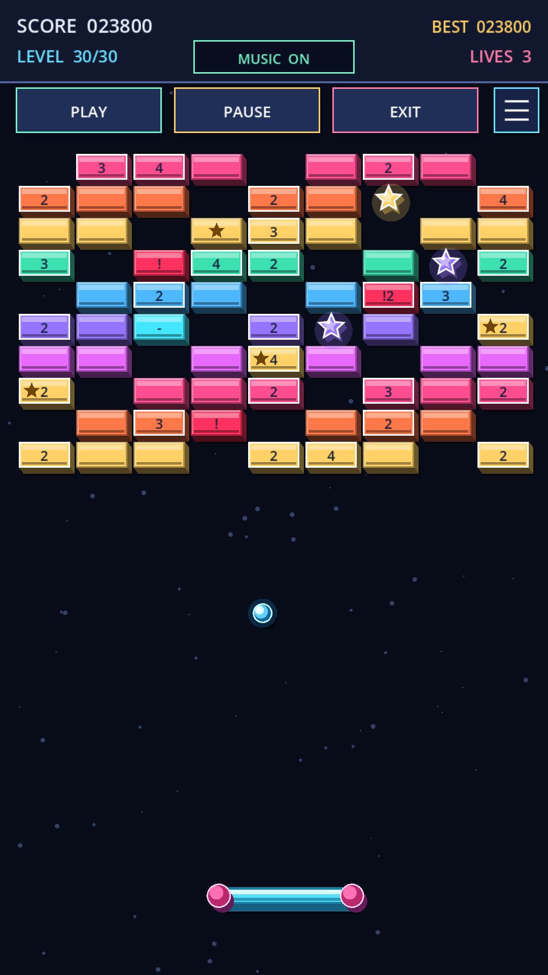 Neon Paddle Quest gameplay at level 30: ten rows of multi-hit bricks and a ball in play